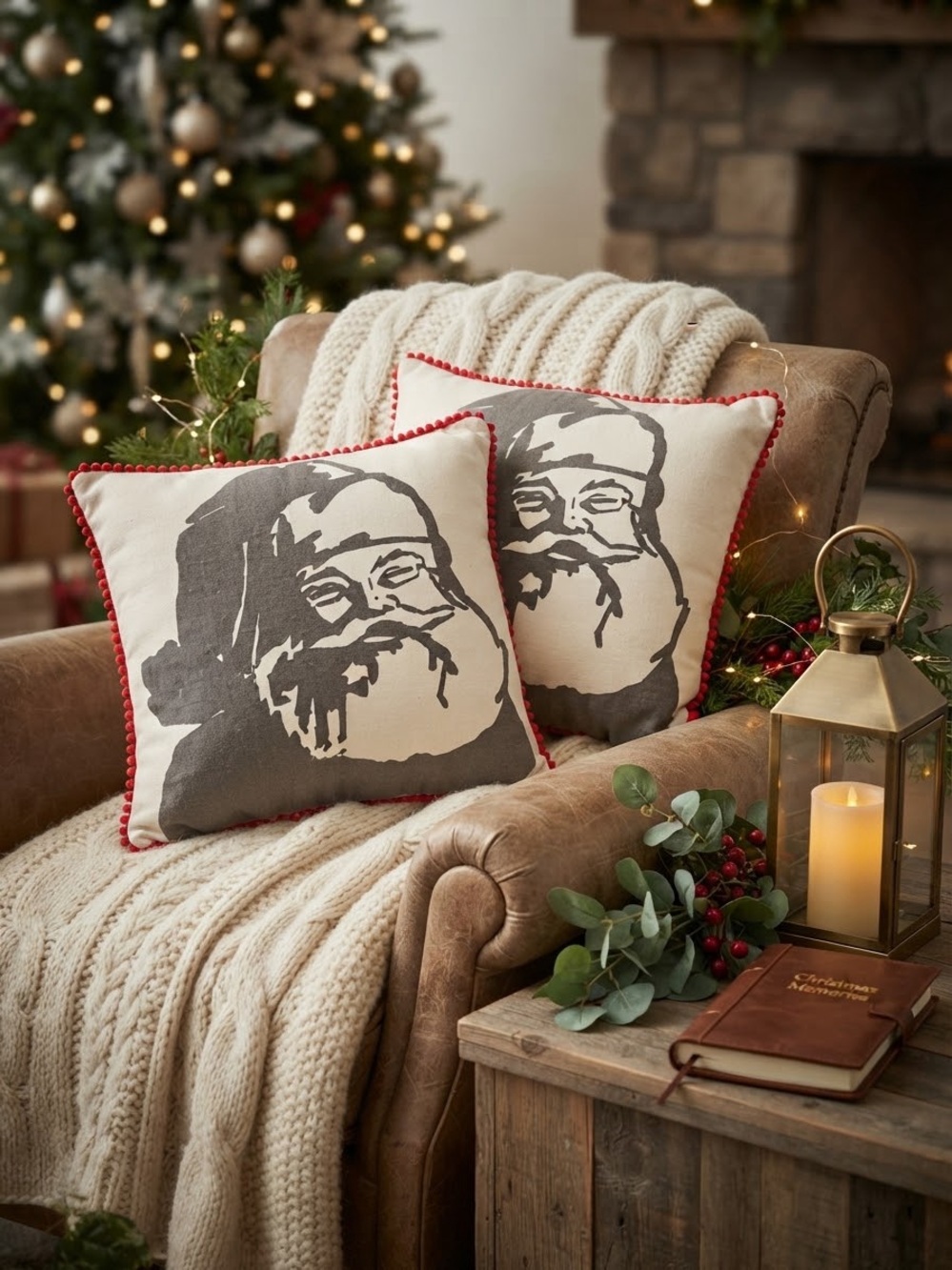Target Holiday Vintage Style Santa Sketch Pom Pom Throw Pillows (Set of 2)